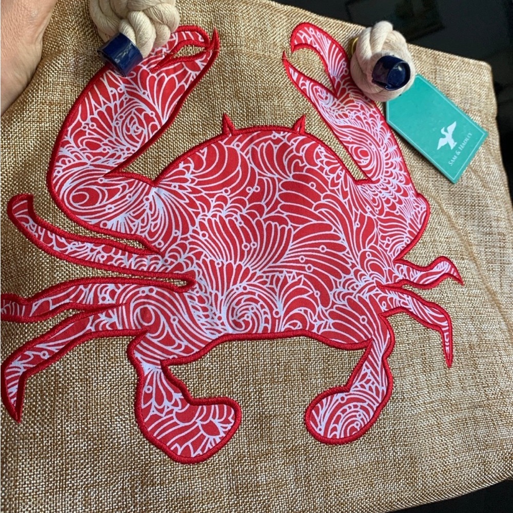 Beach Tote Bag with Raw LinenTan Large Red Crab Applique Sam & Hadley 18x12x7NWT